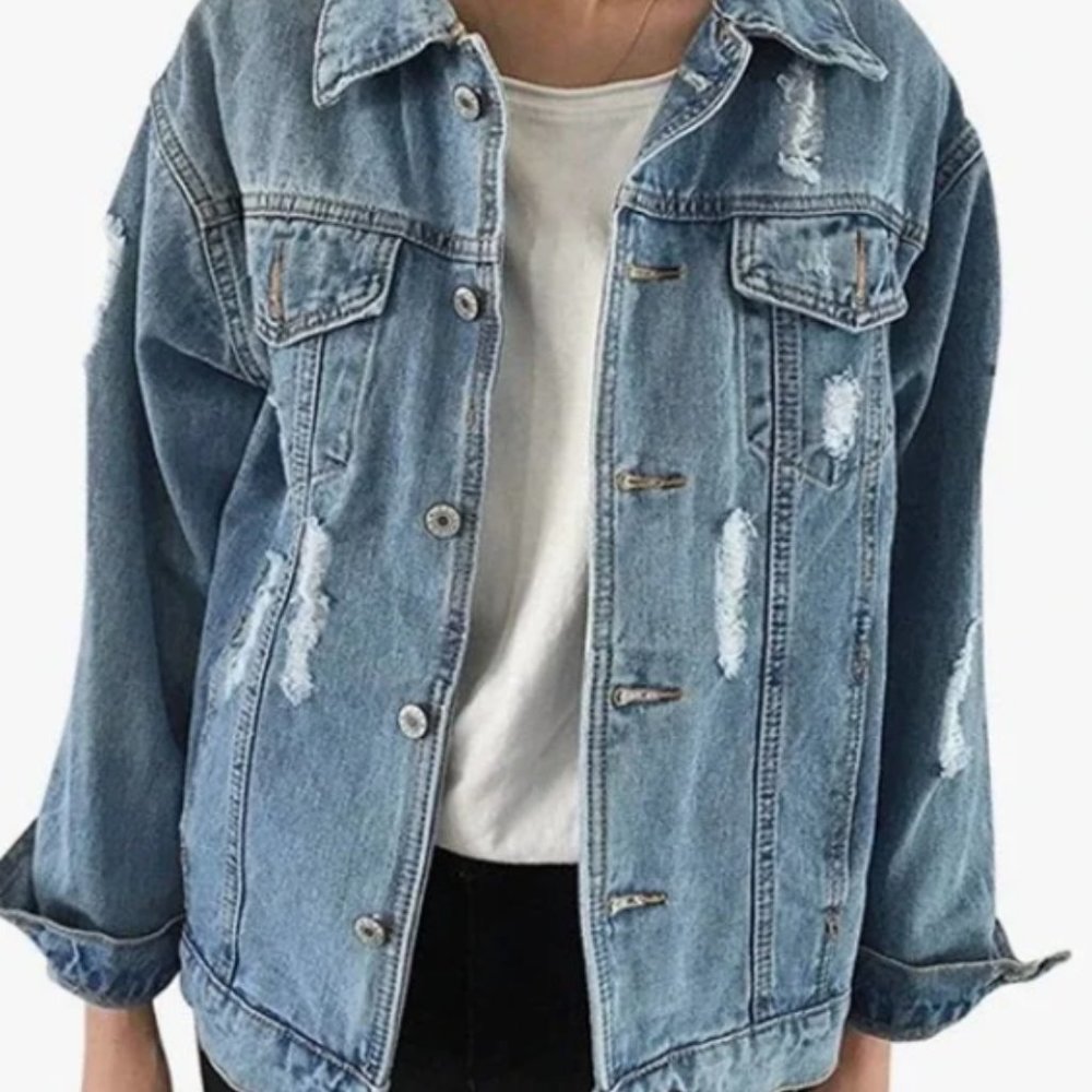 Distressed Blue Denim Jean Jacket Light Wash Classic Style Women's M